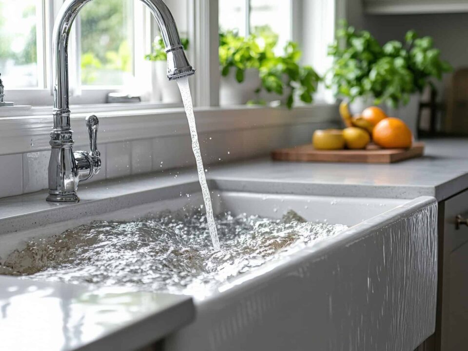 Kitchen sink with overflowing water due to clogged drain in bright space. Generative AI
